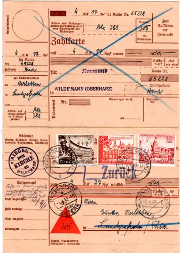 DR 1940, 3+8+12 Pf. auf Nachnahme Karte m. anhängender Zahlkarte v. Wildmann