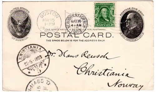 Norwegen 1903, Kristiania TUR 5 als Ank.Stpl. auf US Ganzsache v. Boston