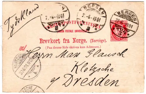 Norwegen 1901, Briefträgerstpl. Bergen TUR 3 auf 10 öre Ganzsache n. Deutschland