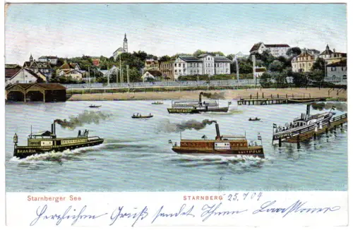 Starnberg m. See u. 4 Dampfschiffen, 1904 gebr. sw-AK.