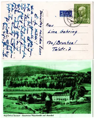 Bad Orb, Sanatorium Küppelsmühle u. Annenhof, 1950 m. 10 Pf. Wohlfahrt gebr. AK