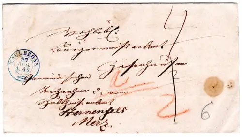 Württemberg 1849, blauer K2 Maulbronn auf Nachnahme Brief n. Zuffenhausen