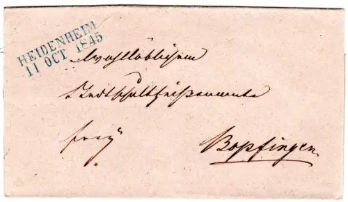 Württemberg 1845, blauer L2 Heidenheim klar auf schönem Frankobrief n. Bopfingen