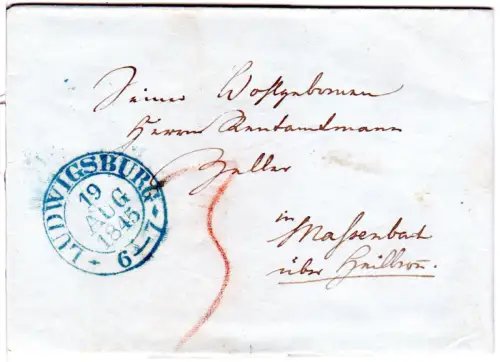 Württemberg 1845, blauer K2 LUDWIGSBURG auf sauberem Porto Brief 