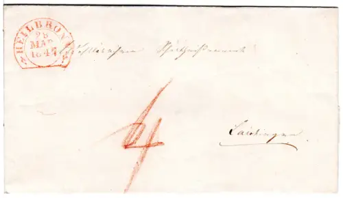 Württemberg 1847, roter Steigbügelstpl. HEILBRONN auf Porto Brief n. Laichingen