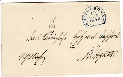 Württemberg 1850, blauer Steigbügelstpl. HEILBRONN auf Dienstbrief n. Stuttgart