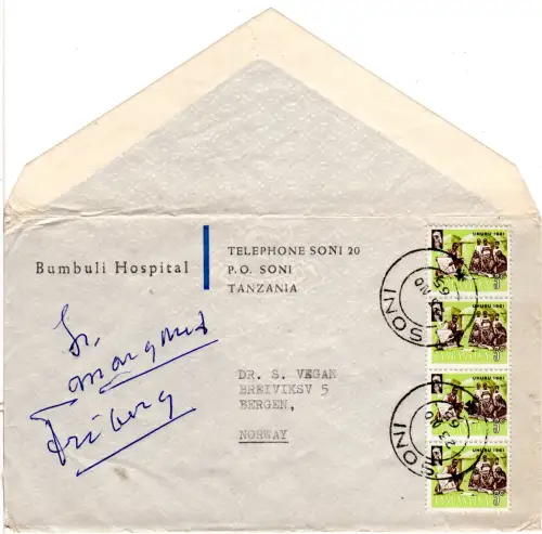 Tanganyika 1965, MeF 4x5 C. auf offen vers. Drucksache Brief v. Soni n. Norwegen