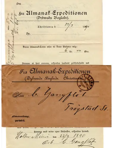 Norwegen 1890, portofreier Almanak-Expeditionen Orts-Brief v. Christiania