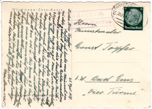 DR 1939, Landpost Stpl. RIEDELBACH über Usingen auf Karte m. 6 Pf. u. Bahnpost