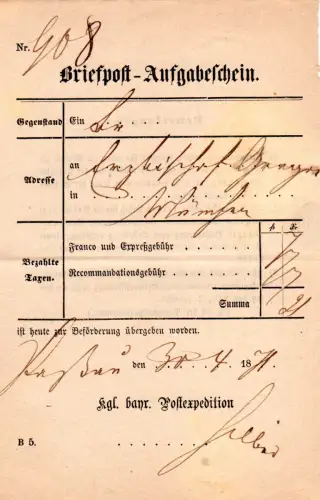 Bayern 1871, Postschein Briefpost-Aufgabeschein v. Passau (hds.) 
