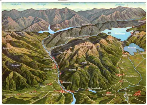 Panorama rund um die Benediktenwand m. Kochel- u. Walchensee, 1975 gebr. Farb-AK