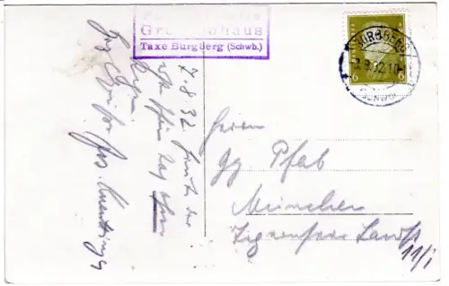DR 1932, Posthilfstelle Grüntenhaus Taxe Burgberg (Schwb.) auf Karte m. 6 Pf
