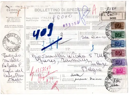 Italien 1968, 6 versch Paketmarken auf Paketkarte v. Ceglie Del Campo n. Belgien