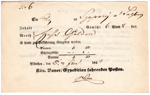 Bayern 1843, Postschein v. München f. eine Wertsendung