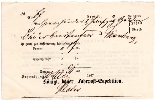 Bayern 1867, Postschein f. eine Wertsendung v. Bayreuth