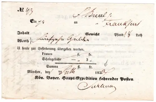 Bayern 1850, Postschein f. eine Wertsendung v. München