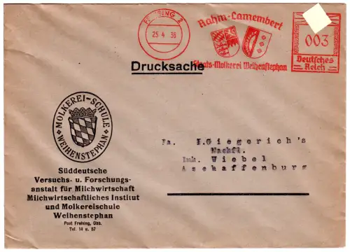 DR 1936, 3 Pf. AFSt. Weihenstephan Rahm Camembert auf Brief v. Freising