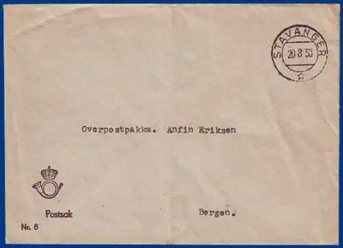 Norwegen, portofreie Postsache Brief v. Stavanger 1953. #S799