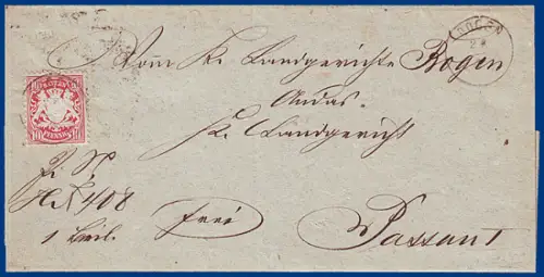 Bayern, 10 Pf. hellilarosa, Mi. 39a auf Brief m. kl. K1 BOGEN n. Passau. #S830