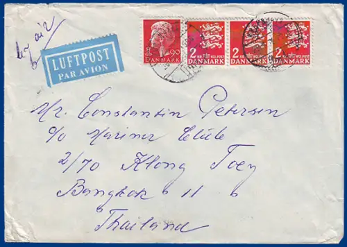 Dänemark, Luftpostbrief n. Thailand m. rücks. Mission Vignette u. Ank.Stpl #S409