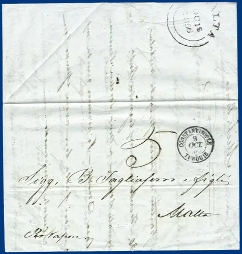 Türkei 1856, K2 Constantinople auf Schiffs Brief aus Russland nach Malta. #S622