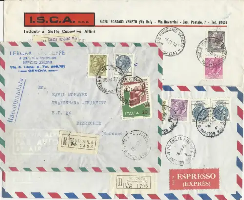 Italien, 3 Einschreiben Briefe nach Marokko, 1x Express. Destination! #s64