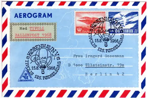 Dänemark 1968, 30+60 öre Flugmarken auf Aerogramm m. TIVOLI BALLONPOST
