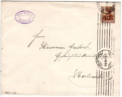 DR, gebr. 3 Pf. Germania Privatganzsache Umschlag m. Stpl. Stuttgart