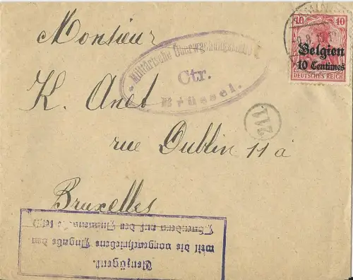 Belgien 1915, 10 C. auf Brief v. Tamines m. Zensur u. VERZÖGERT... Stempel