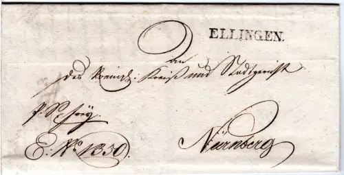 Bayern 1827, L1 ELLINGEN klar auf schönem Franko Brief n. Nürnberg.