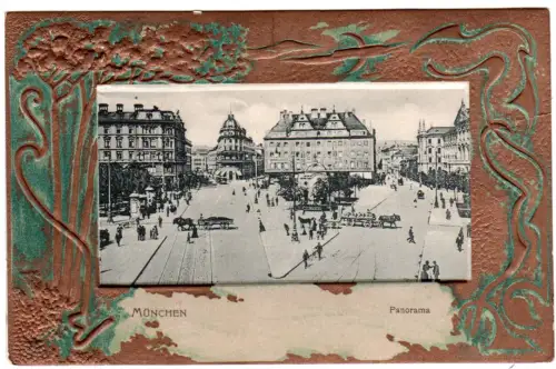 München, Panorama Karlsplatz m. Pferdefuhrwerken, attraktive ungebr. Prägekarte