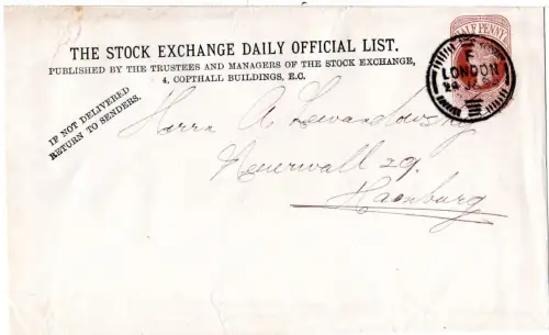 GB 1892, 1/2d Streifband Ganzsache v London n. Hamburg m. Stock Exchange Zudruck