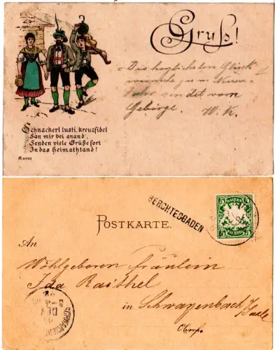 Bayern 1892, Stations L1 BERCHTESGADEN auf AK-Vorläufer m. 5 Pf. u. Bahnpost B-R