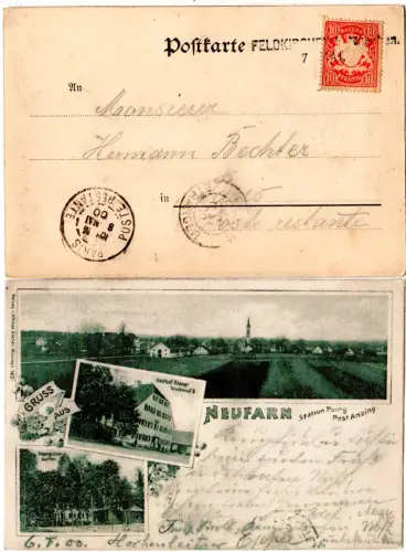 Bayern 1900, Aushilfsstpl. L2 FELDKIRCHEN b. MÜNCHEN auf Neufarn sw-AK m. 10 Pf