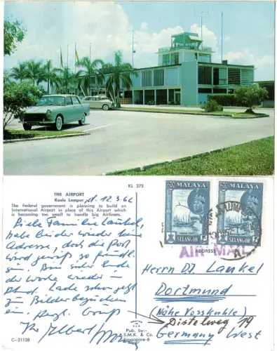 Malaya 1962, Farb-AK Airport Kuala Lumpur m 2x20 C. Selangor n. Deutschland