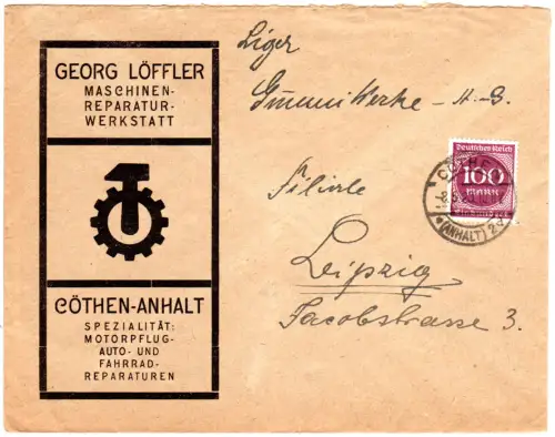 DR 1923, 100 Mk. auf illustriertem Brief v. Cöthen n. Leipzig