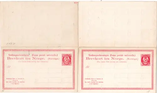 Norwegen P15, 2 ungebr. 10 öre Doppelkarten, 1x Variante "Punkt nach foreningen"