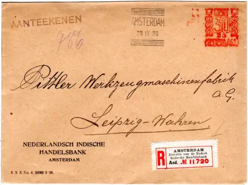 NL 1926, Amsterdam 30 C. Maschinen Freistpl. m. Äsculapstab auf Reko Bankbrief  
