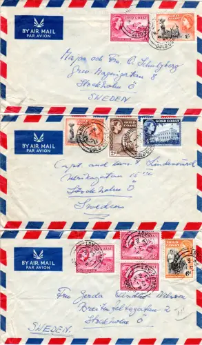 Gold Coast 1954/55, 3 Luftpost Briefe v. Hohoe n. Schweden m. versch Frankaturen