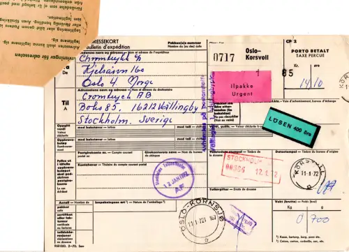 Norwegen 1972, Eil Paketkarte v. Oslo-Korsvoll m. Bahnpost u. Schweden Nachporto