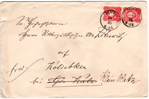 DR 1886, senkr. Paar 10 Pf. auf Brief m. Pommern-K1 ZEZENOW, heutiges Polen