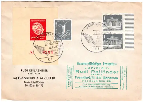 BRD 1964, Raumfahrttagung Darmstadt, Brief m. Vignette u. Sonsderstempel