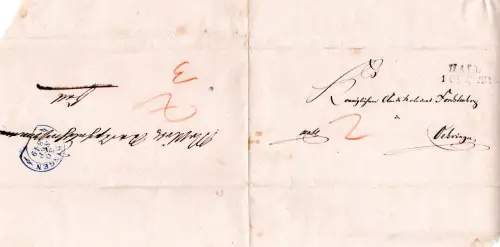 Württemberg 1849, blauer Steigbügelstpl. OERINGEN auf 2x verw. Brief nach Hall