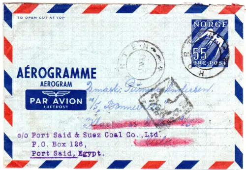 Norwegen 1953, 55 öre Aerogram v. Horten n. Port Said m. Ägypten Zensur