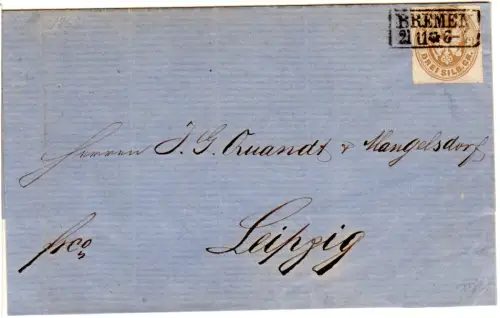 Preussen 1862, 3 SGr. auf Brief v. Bremen n. Sachsen