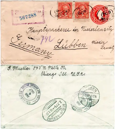 USA 1927, 2x9 C. auf 2 C. Ganzsache per Einschreiben v. Chicago n. Deutschland