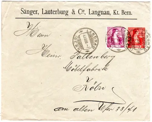 Schweiz 1908, 15 C. Zusatzfr. auf 10 C. Privatganzsache Brief v. Langnau n. Köln