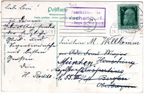 Bayern 1913, R3 Posthilfstelle VACHENDORF Taxe Bergen auf Karte m. 5 Pf.