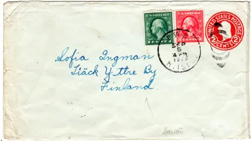 USA 1922, 1+2 C. auf 2 C. Ganzsache Brief v. EWA HAWAII n. Finnland