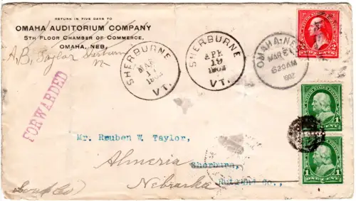 USA 1902, 2 C. auf Brief v. Omaha, mit Paar 2 C. nachgesendet v. Sherburne